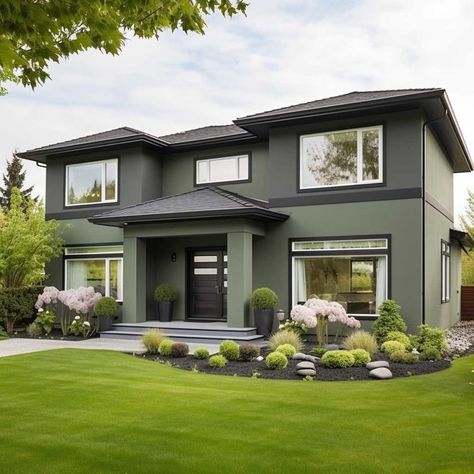 Outdoor House Paint Colors Modern, Green Exterior Paint Colors For House, Green House Paint Exterior, Sage Green Exterior House Colors, Exterior House Paint Ideas, House Paint Ideas, Green Home Exterior, Green House Paint, Green Exterior House