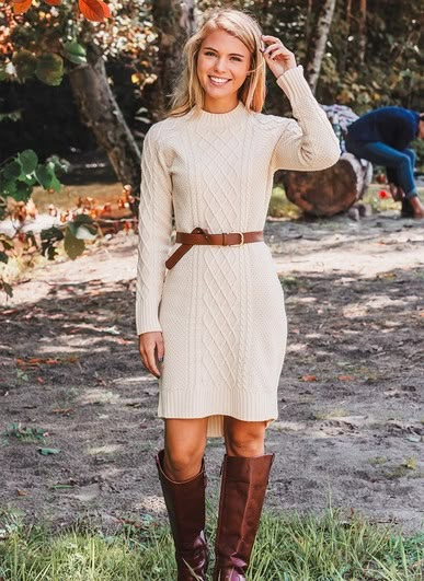 Sweater Dress Boots Outfit, Cable Knit Dress Outfit, Wool Dress Outfit, Wool Sweater Outfit, Autumn Knit Sweater, Casual Fall Dress, Fall Knit Sweater, Classy Girls Wear Pearls, Kiel James Patrick