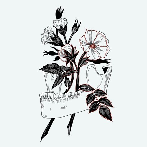 Bones With Flowers Drawing, Bone And Flower Tattoo, Bone Flower Tattoo, Bones And Flowers, Aesthetic Skull, Bone Drawing, Aesthetic Digital Art, Drawings Inspo, Skull And Flowers