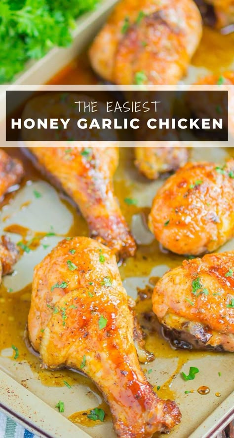 Honey Garlic Chicken Legs are a fast and easy dish that's loaded with flavor. Chicken legs are coated in a sweet and savory glaze and baked until tender and juicy. Perfect for a simple dinner! #chicken #chickenlegs #honeygarlicchicken #chickenrecipes #chickendinner #drumstickrecipes #hoenychicken #garlicchicken #dinner Dinner With Few Ingredients, Chicken Legs Recipes, Baked Garlic Chicken, Easy Honey Garlic Chicken, Baked Lemon Chicken, Chicken Leg Recipes, Drumstick Recipes, Baking With Honey, Dinner Chicken