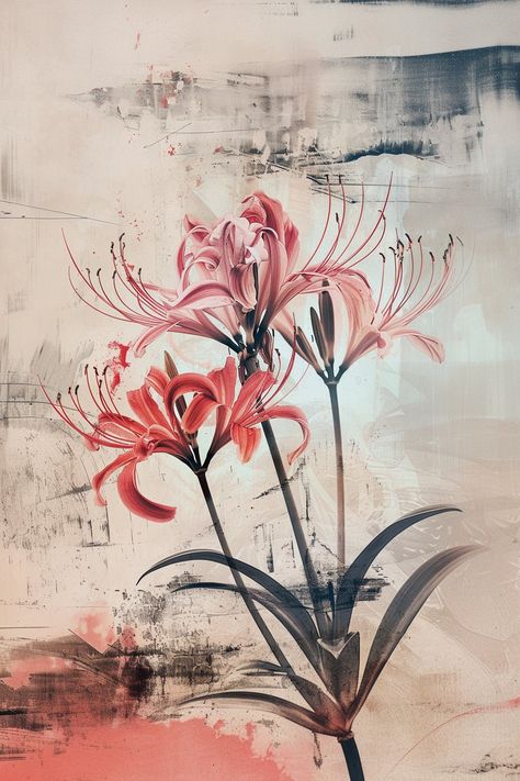 Introducing our 'Vintage Spider Lily Decoupage Paper,' perfect for infusing your crafting projects with the elegance of vintage floral art. This high-quality decoupage paper features stunning spider lilies in shades of pink, beige, and black, evoking a timeless charm that enhances any creation. Decoupage, the art of layering images onto surfaces, is elevated with this exquisite spider lily-themed tissue paper. The intricate details of the lilies, combined with the vintage color palette, add a so Spider Lily Painting, Pink Spider Lily, Pink Prints For Walls, Spider Lily Art, Spider Lillies, Ae Aesthetic, Printed Furniture, Vintage Color Palette, Spider Lilies