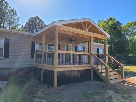 Small Covered Deck Ideas On A Budget, Porches On Trailers Mobile Homes, Front Porch For Double Wide Mobile Homes, Back Decks For Mobile Homes, Gable Porch On Mobile Home, Double Wide Covered Front Porch, Double Wide Side Porch Ideas, Back Porch For Mobile Home, Tan Mobile Home Exterior