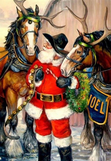 Cowboy Santa Cowboy Christmas Wallpaper, Cowboy Christmas Cards, Western Christmas Cards, Santa Art, Merry Christmas Wallpaper, Christmas Horses, Santa Pictures, Christmas Artwork, Cowboy Christmas