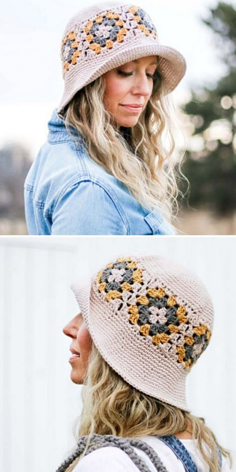 Crochet Hats Trending, Crochet Spring Hats Free Pattern, Granny Square Bucket Hat Pattern Free, Granny Square Hat Pattern Free, Pilusos A Crochet, Crochet Heart Bucket Hat, Free Crochet Bucket Hat Patterns, Crochet Hats For Women, Crochet Bucket Hat Free Pattern