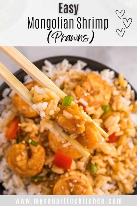 Make this Mongolian Shrimp featuring a sweet, spicy, and savory sauce. There's no batter, so its lower in calories and it comes together in under 30 minutes. Mongolian Shrimp, Mongolian Chicken, Shrimp Marinade, Prawn Salad, Quick Stir Fry, Marinated Shrimp, Sugar Free Maple Syrup, Prawn Shrimp, Duck Sauce