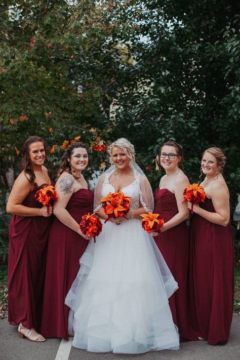 Burgundy and burnt orange #weddingcolors Wine And Burnt Orange Wedding, Burnt Orange And Burgundy Wedding, Burgundy And Burnt Orange Wedding, Orange And Burgundy Wedding, Burnt Orange Wedding Dress, Maroon Wedding Colors, Orange Dress Wedding, Maroon Bridesmaid, Burnt Orange Bridesmaid Dresses