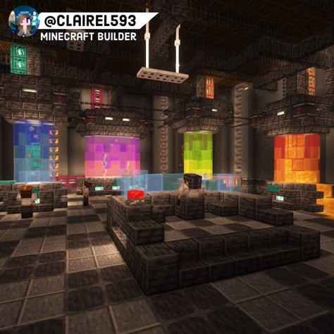 Minecraft Vault Ideas, Minecraft Cyberpunk Ideas, Minecraft Lab Ideas, Minecraft Batcave, Minecraft Factory Interior, Minecraft Dungeon Build, Minecraft Nightclub, Cyberpunk Minecraft Builds, Minecraft Laboratory Ideas