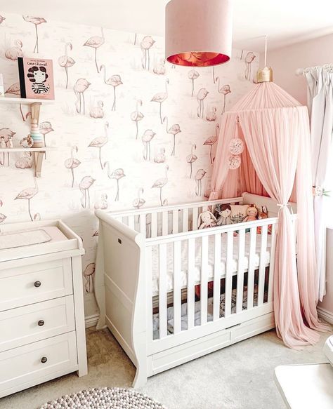 Pink Wallpaper Nursery, Flamingo Baby Nursery, Pink Baby Room Decor, Pink Wallpaper Bedroom, Light Pink Wallpaper, Ideas For Small Homes, Canopy Crib, Flamingo Nursery Decor, Girl Nursery Ideas