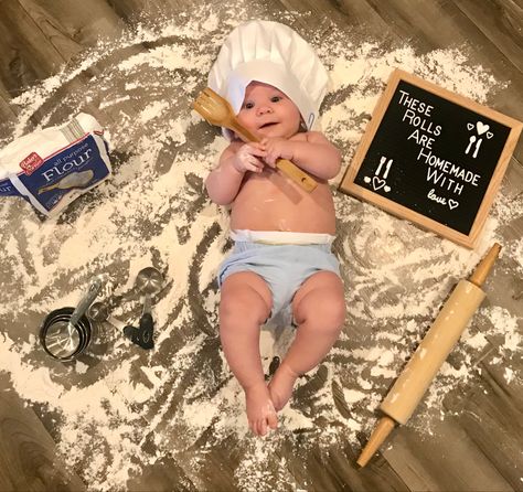 Homemade Rolls Baby Picture, My Rolls Are Homemade Baby Picture, 8 Month Old Picture Ideas, 4 Month Old Picture Ideas, These Rolls Are Homemade Baby Picture, Baby Milestone Photoshoot Ideas, 4 Month Old Milestones Photo Ideas, 4 Month Baby Boy Photoshoot, 3 Month Old Baby Pictures Boy Ideas