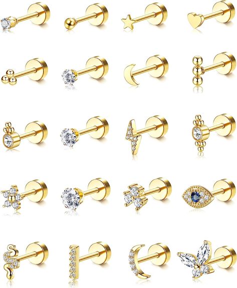 Amazon.com: BESTEEL 20Pcs Stainless Steel Stud Earrings for Women Men 20G Tiny Cartilage Stud Earrings Small Snake Star Moon Ball Butterfly Heart Eye Flower Screwback Flat Back Stud Earrings Piercing Jewelry Set: Clothing, Shoes & Jewelry Cartilage Stud Earrings, Eye Flower, Tiny Gold Earrings, Small Snake, Heart Eye, Helix Piercing Jewelry, Piercing Tragus, Cartilage Earrings Stud, Cartilage Stud