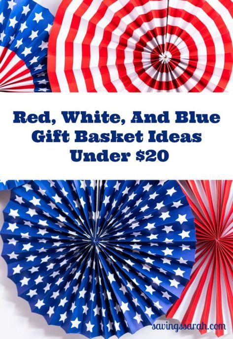 If your looking to put together colorful, meaningful, and reasonably priced gift baskets, here are some great ideas. Patriotic Gift Basket Ideas, 4th Of July Gift Basket Ideas, Blue Gift Basket, Gift Baskets Ideas, Patriotic Bunting, America Theme, Welcome Basket, Baskets Ideas, Raffle Basket