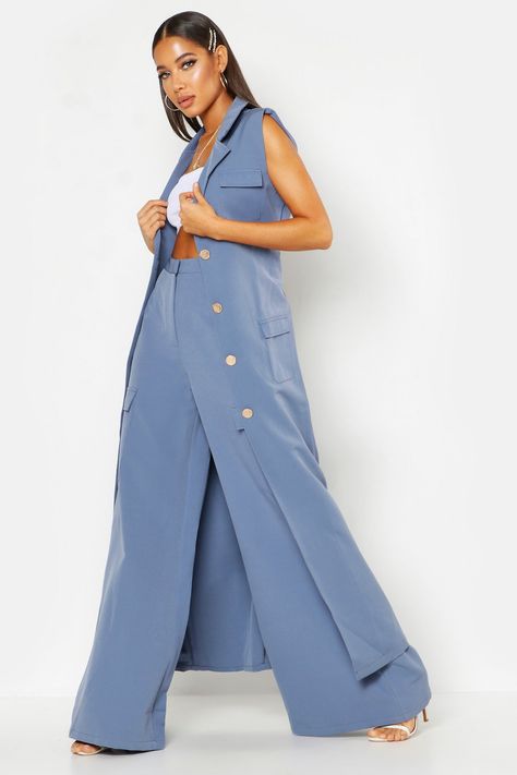 Longline Maxi Sleeveless Duster Long Blue Summer Outerwear, Long Duster Set, Blue Long Kimono For Daywear, Solid Long Single-breasted Outerwear, Luxury Long Blue Outerwear, Sleeveless Duster, Long A Line, Duster Coat, Coats Jackets