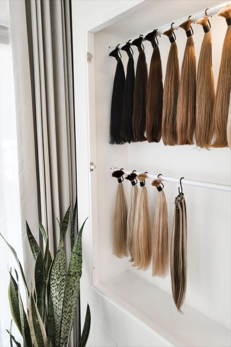 Hair extensions Melbourne salon. Short To Long Hair Extensions, Hair Extension Display, Salon Retail Display, Extension Display, Short To Long Hair, Hair Product Storage, Hair Extensions Tutorial, Home Hair Salons, Beauty Room Salon