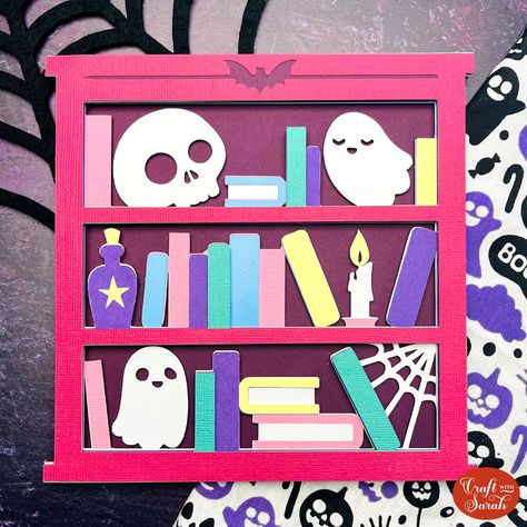 Halloween bookshelf SVG with ghosts Book Ghost Diy, Ghost Library, Ghost With Book, Little Bookshelf, Spooky Book Display Library, Halloween Bookshelf, Dollhouse Ghost, Ghost Scene, Stitching Cards