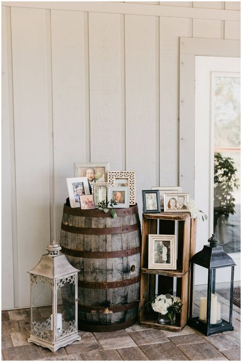 Fill it with florals or your fondest memories, our large vintage crate is an excellent cubby fit for your wildest wedding day dreams. Memorial Area Wedding, Rustic Wedding Picture Display, Rustic Wedding Memory Table, Outdoor Wedding Memory Table, Rustic Wedding Memorial Ideas, Whiskey Barrel Ideas Wedding, Memory Display Wedding, Wine Barrel Memory Table Wedding, Barrel Decor Ideas Wedding