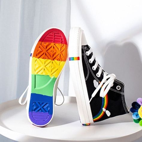 Ladies Hi Top Lace Up Rainbow Canvas Shoes With Rainbow Sole https://pleasuresandsins.com/products/ladies-hi-top-rainbow-canvas-shoes-with-rainbow-sole Pleasures and Sins #Hot Pride Gnome, Rainbow Kandi, Glitter Combat Boots, Sneakers 2022, Pride Party, Pride Event, Pride Shoes, Rainbow Canvas, Bright Rainbow