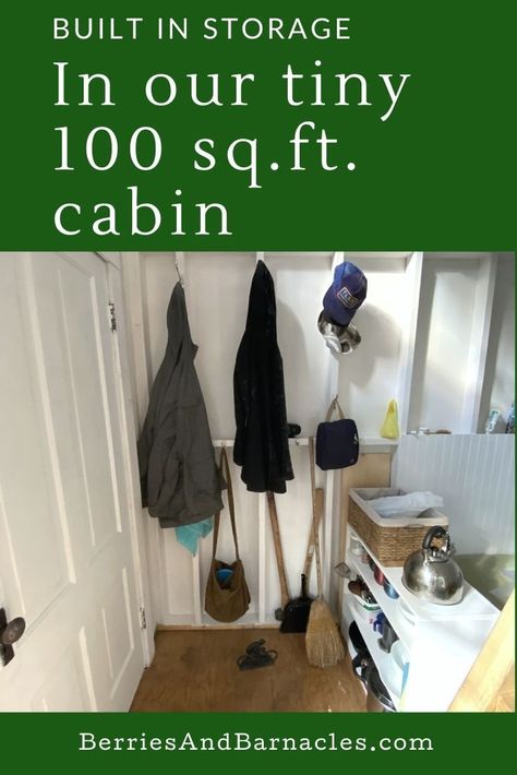 Here's how we built storage for 4 people into our very tiny cabin. Tiny Home Clothing Storage, Tiny House Storage Solutions, Tiny House Clothes Storage, Tiny Cabin Bathroom, Small Shelving Unit, Wall Storage Diy, Tiny House Organization, One Room Cabin, Cabin Storage