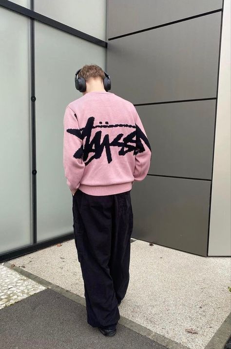 Stussy Sweater Outfit, Pink Sweater Outfit Men, Stussy Sweater, Stussy Style, Pink Hoodie Outfit Men, Pink Sweater Men, Stussy Knit Sweater, Stussy 8 Ball Sweater, Stussy Hoodie Pink