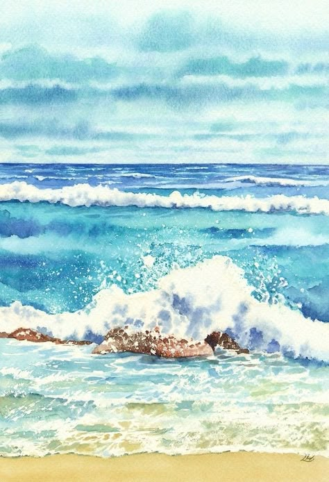 Hawaiian Painting, Hawaiian Wall Art, Hawaiian Landscape, Beach Scene Painting, Watercolor Wave, Wall Art Ocean, Watercolor Water, Beach Wave, Wall Art Beach