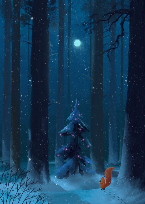 Cute Christmas Art Aesthetic, Christmas Drawing Wallpaper, Illustration Christmas Tree, Christmas Cute Art, Christmas Illustration Wallpaper, Christmas Landscape Illustration, Christmas Art Wallpaper, Christmas Forest Painting, Snowing Illustration