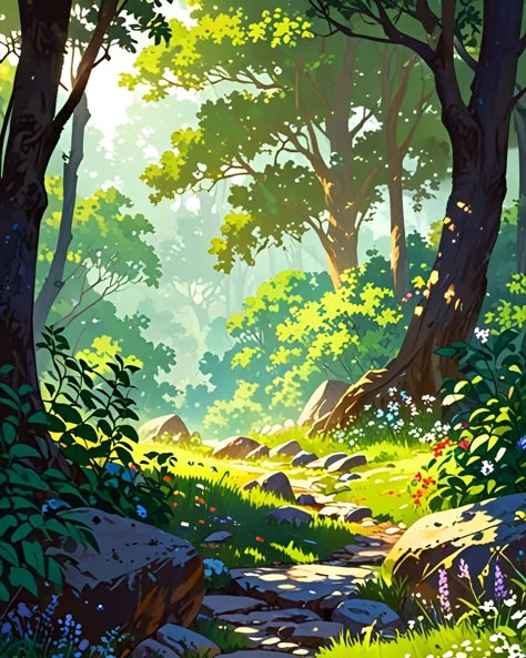 🌲🌿 Explore the mysteries that lie beyond as you wander along this enchanting forest path. #NatureTrail #AdventureAwaits . . Mobile Wallpaper Download Link in Bio Ghibli Forest, Digital Art Forest, Forest Concept Art, Ghibli Background, Drawing Basics, Mysterious Forest, Studio Ghibli Background, Enchanting Forest, Forest Background