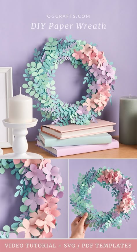 This eucalyptus & hydrangea paper wreath is so gorgeous and simple to craft. Watch my video tutorial and download SVG / PDF templates to learn how you can make it! #diypaperdecor #homedecoration #wreathtemplate #ogcrafts Paper Wreath Diy, Paper Wreaths, Paper Flower Wreaths, Flowers Craft, Easy Paper Flowers, Paper Wreath, Paper Flower Crafts, Memory Care, Hydrangea Wreath