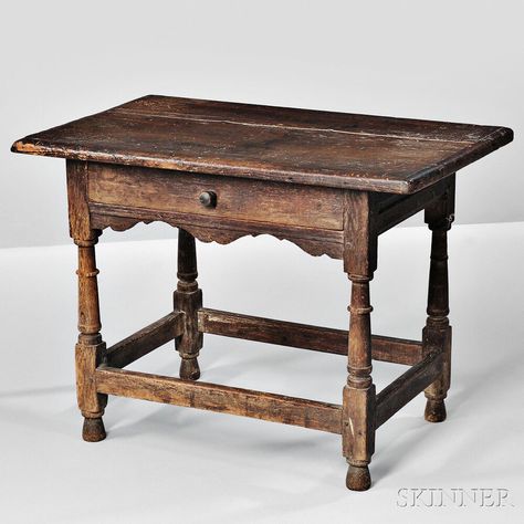 Rare Oak Joined Table with Drawer, Massachusetts, late 17th century, the overhanging rectangular pine top on channel-molded rails, the drawer with turned wooden knob and channel-molded scalloped rail below, the ring-turned columnar legs on blocks continuing to turned feet joined by square stretchers, old surface, (imperfections), ht. 27 1/4, wd. 37, dp. 24 i Primitive Tables, Old Wood Table, Spool Furniture, Magical Room, Colonial Furniture, Colonial America, Art Watch, Farmhouse Ideas, Wooden Knobs