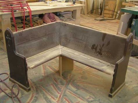 repurpose+a+church+pew+bench | Below are photos of a church pew ... Church Pew Bench, Pew Bench, Church Pews, Kitchen Banquette, Corner Bench, Church Pew, Kitchen Benches, School Room, Kitchen Nook