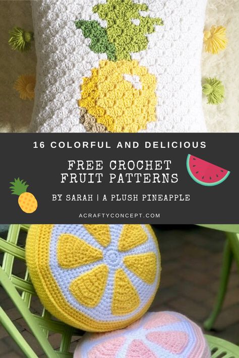 Crochet Fruit Pillow Pattern Free, Crochet Pineapple Pillow, Crochet Strawberry Pillow, Crochet Cafe, Fruit Crochet, Pineapple Watermelon, Octopus Crochet Pattern, Crochet Granny Square Afghan, Crochet Strawberry