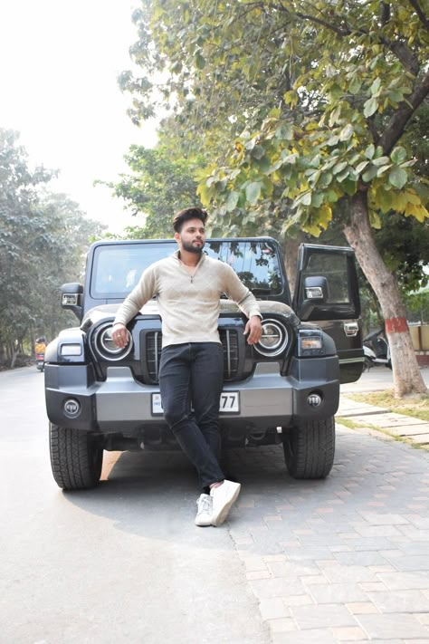 Thar Photoshoot, Car Poses Men, Pose With Car, Car Pose, Casual Photoshoot, Asian Style Clothes, Ninja Bike, Mens Photoshoot, Ab De Villiers Photo