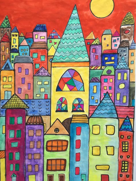 Paul Klee Cityscape, Cityscape Drawing, Paul Klee Art, Whimsical Art Paintings, School Wall Art, Beginner Art, Whimsical Paintings, Kids Art Class, Elementary Art Projects