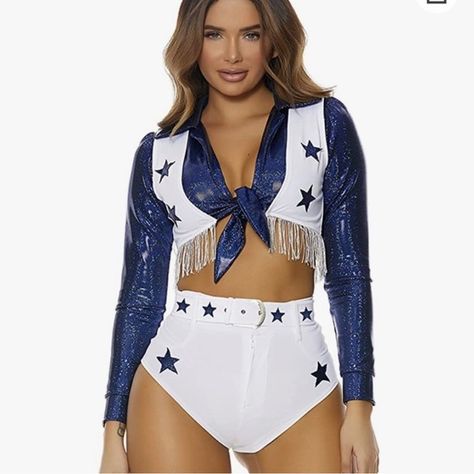 Dallas Cowboys Cheerleader Halloween Costume Dallas Cowboys Cheerleader Costume, Cheerleader Halloween, Cheerleader Halloween Costume, Cheerleader Costume, Duo Halloween Costumes, White Costumes, Trendy Halloween Costumes, Dallas Cowboys Cheerleaders, Halloween Costume Outfits