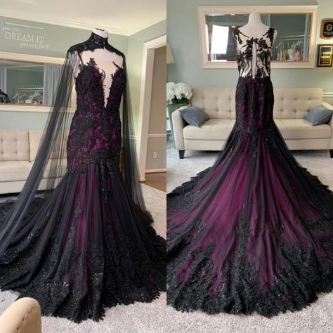 Vintage Black and Purple gothic Wedding Dresses with Cape Illusion Back Fishtail lace applique Mermaid Bridal Gown Purple Black Wedding, Gothic Wedding Dresses, Fantasy Wedding Dress, Purple Gothic, Purple Wedding Dress, Cape Wedding Dress, Timeless Wedding Dress, Gothic Wedding Dress, Bridal Gowns Mermaid