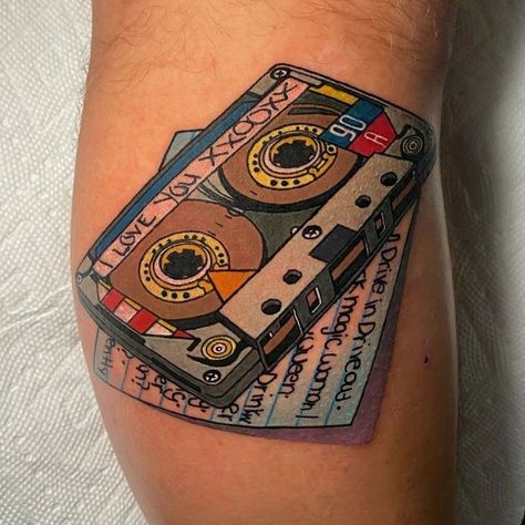 80s Themed Tattoos, Mix Tape Tattoo, Boom Box Tattoo, Cassette Tape Tattoo, Traditional Tattoo Music, 80s Tattoo, Cassette Tattoo, Tape Tattoo, Emo Tattoos