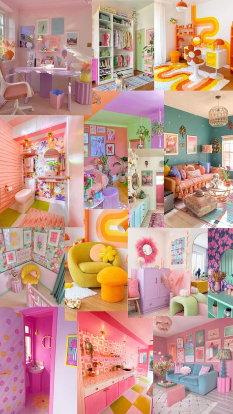 Color Themed Rooms Aesthetic, Pastel Wall Design Ideas, Color Maximalist Bedroom, Colourful Pastel Living Room, Colorful Bright Room Aesthetic, Post Modern Vintage, Fun Astethic Room, Spunky Room Decor, Colorful Maximalist Home Decor