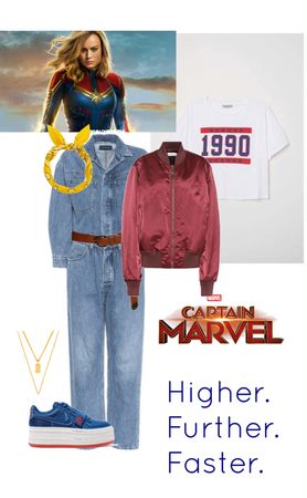 Captain America Inspired Outfits, Captain Marvel Outfit, Captain America Casual Outfit, Captain Marvel Disneybound, Marvel Disneybound, Captain Marvel Jacket, Captain Marvel Concept Art, Avengers Campus, Yellow Bandana