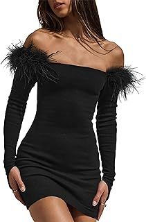 BTFBM Women's Elegant Off Shoulder Bodycon Dresses Feather Long Sleeve Ribbed Knit Mini Cocktail Evening Night Out Dress Off Shoulder Dress Bodycon, Long Sleeve Hoco Dress, Off Shoulder Bodycon Dress, Fitted Bodycon Dress, Evening Mini Dresses, Black Homecoming Dress, Off Shoulder Dresses, Rust Dress, Bodycon Dresses