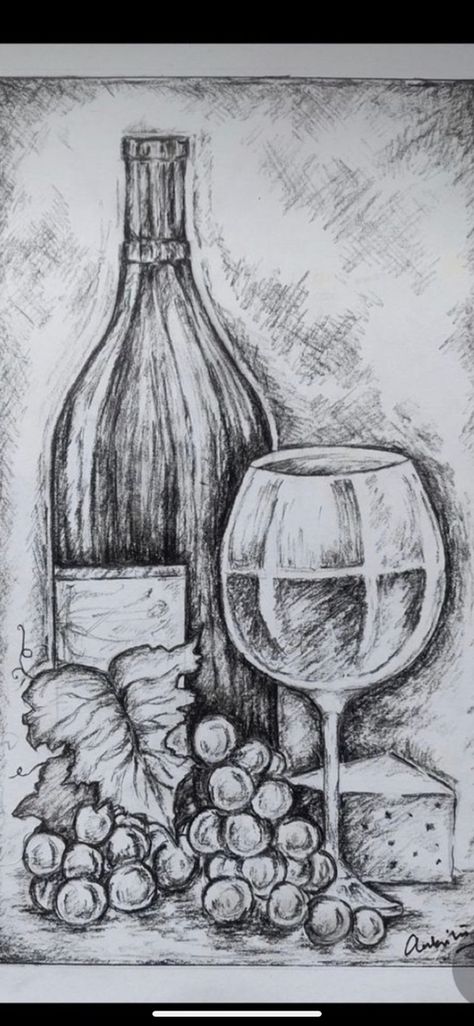 Still Life Charcoal Sketch, Black And White Still Life Drawing, Drawing Wine Glasses, Wine Glass Drawing Pencil, Wine Bottle Sketch, Still Life Sketch Easy, Sketching Ideas Pencil, Wine Glass Sketch, Black And White Pencil Drawings