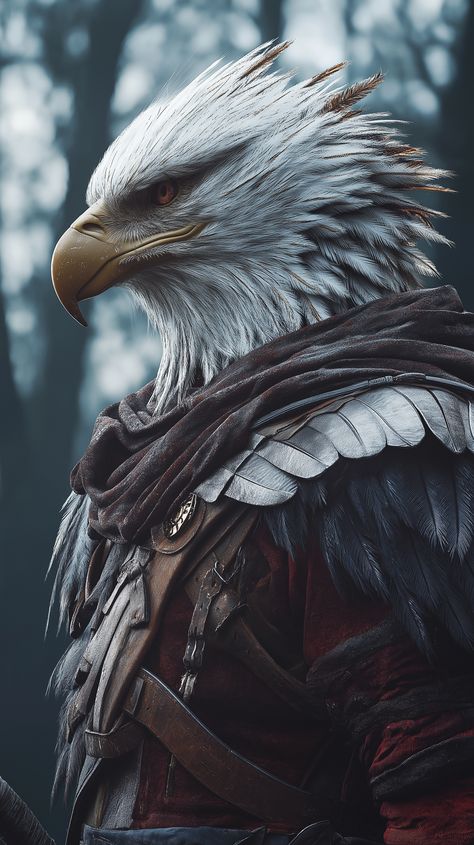 🦅✨ Unleash your imagination with this stunning hyper-realistic eagle-headed warrior! ⚔️💪 Dive into a world of fantasy where strength meets majesty. Perfect for art enthusiasts and fantasy lovers alike! 🎨🌟 #Art #FantasyArt #Warrior #Eagle #HyperRealistic #Inspiration #Creativity... Eagle Humanoid, Tattered Cloak, Eagle Warrior, Mysterious Forest, Leather Armor, Fantasy Lovers, World Of Fantasy, Blurred Background, Mobile Wallpaper