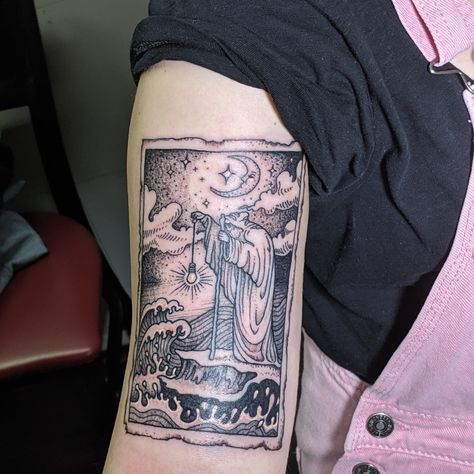 The Hermit Tarot Card Tattoo, Hermit Tarot Card Tattoo, Tarot Card Tattoo Sleeve, Tarot Tattoo Sleeve, Hermit Tattoo, The Hermit Tarot Card, Hermit Tarot Card, Hermit Tarot, Black And Grey Sleeve