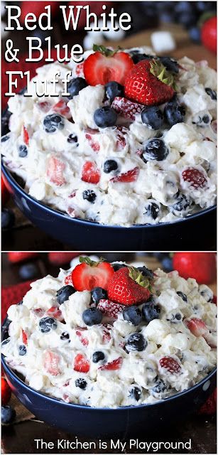 White Chocolate Pudding, 4th July Food, Fluff Salad Recipes, Fluff Salad, Strawberries And Blueberries, Fluff Recipe, Fluff Desserts, Patriotic Food, Patriotic Desserts