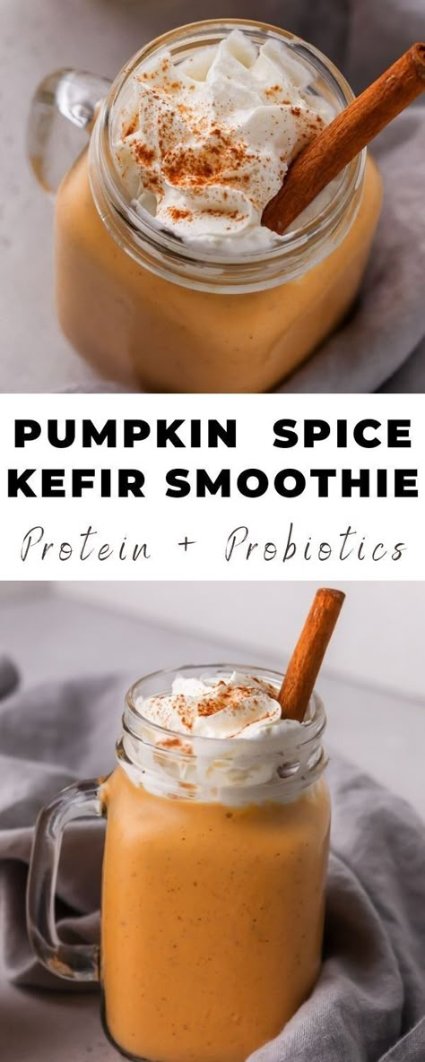 Enjoy this Pumpkin Spice Kefir Smoothie full of probiotics and protein. Made with kefir, a frozen banana, vanilla, pumpkin butter and fall spices! #pumpkinsmoothie #kefirsmoothie #guthealthrecipes #probioticsmoothie #pumpkin #kefir Probiotic Smoothie, Kefir Drink, Kefir Smoothie, Pescatarian Meals, Smoothie Protein, Pumpkin Pasta Sauce, Kefir Recipes, Friends Recipes, Pumpkin Dishes