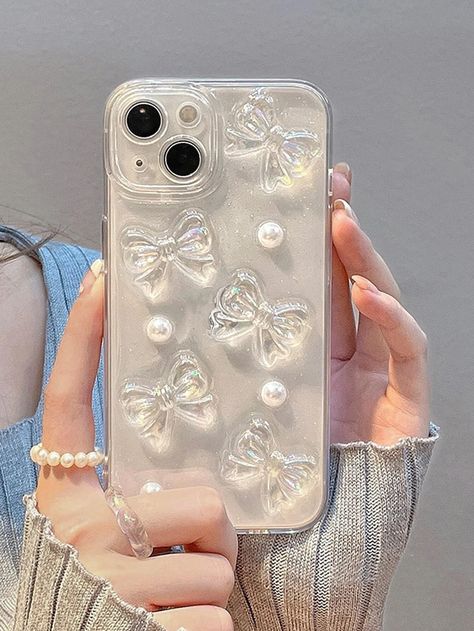 Bow & Faux Pearl Decor Phone Case | SHEIN USA Sparkly Phone Cases, Diy Resin Phone Case, Photo Iphone Case, Diy Phone Case Design, Bling Phone Cases, Purple Cases, Girly Phone Cases, Diy Iphone Case, Iphone Obsession