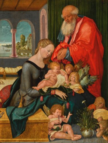 Hans Baldung, called Grien THE HOLY FAMILY WITH FIVE ANGELS      2,500,000 — 3,500,000 GBP 3,303,750 - 4,625,250USD LOT SOLD. 3,010,000 GBP (3,977,715 USD) Germanic Art, Hans Baldung Grien, Hans Holbein, The Holy Family, Albrecht Dürer, Religious Painting, Saint Joseph, Holy Family, Old Master