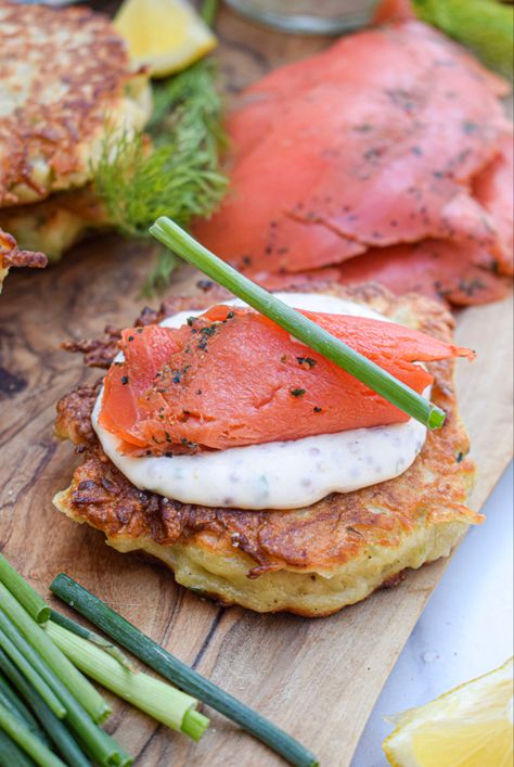 Irish Boxty with Smoked Salmon & Mustard Crème Fraîche Traditional Irish Dinner, Irish Dinner Recipes, Salmon Mustard, Irish Boxty, Cold Smoked Salmon, Irish Dinner, Irish Potatoes, Grated Potato, Jar Kitchen