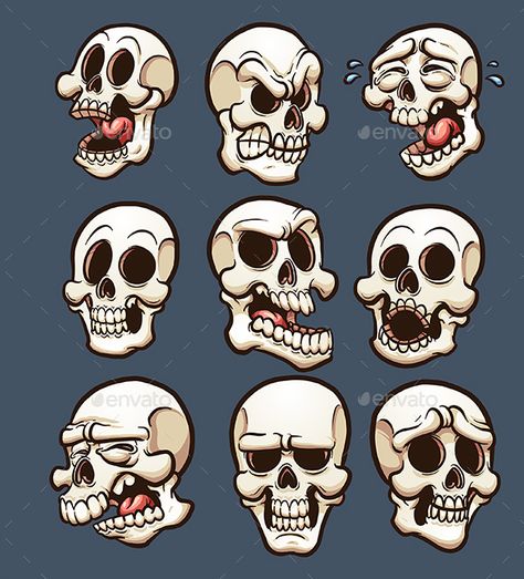 Cartoon skulls with different emotions. Vector clip art illustration with simple gradients. Each on a separate layer. EPS10 and PS Cartoon Skull Drawing, Cartoon Skeleton, Cartoon Skull, Arte Doodle, Skeleton Drawings, Cartoon Crazy, Skull Art Drawing, Skulls Drawing, Skull Illustration