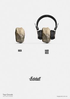 Viktor Kolodiazhnyi is rocking it with this oh-so-simple concept for Marshall Headphones and oh-so-effective series of print ads. Taking a rock and a metal ball, he adds earphones and transforms them into ‘hard rock’ and ‘hard metal.’ Marshall Headphones, What Is Fashion Designing, Guerrilla Marketing, Clever Advertising, 광고 디자인, What Is Fashion, Publicidad Creativa, Design Websites, Guerilla Marketing