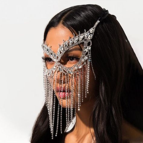 Masquerade Mask Women, Face Rhinestones, Rhinestone Face Mask, Halloween Fest, Face Jewellery, Mask Masquerade, Masquerade Masks, Tassels Fashion, Masks Masquerade