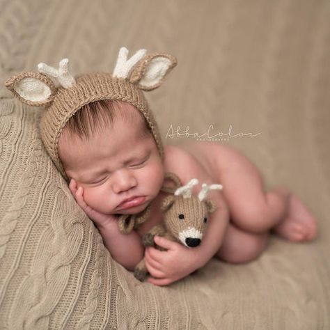 The Littlest Fawn Set - Made To Order, Newborn Size Baby Deer Hat, Baby Deer Nursery, Knit Bonnet, Crochet Deer, Woodland Nursery Theme, Newborn Clothes, Nursery Theme, Newborn Poses, Baby Bonnets