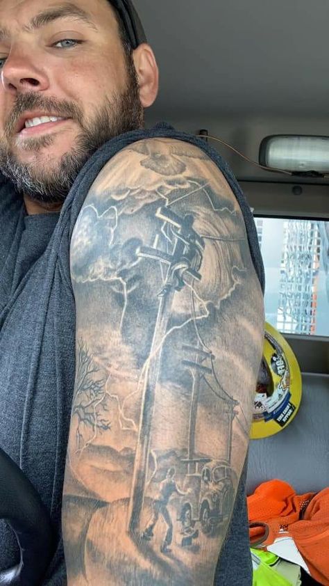 Lineman Tattoos For Men, Lineman Tattoos, The Emperor's New Groove, Half Sleeve Tattoos For Guys, Emperors New Groove, New Groove, Tattoo Sleeve Men, Arm Sleeve, Half Sleeve Tattoo